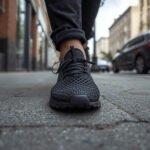 Person walking on a city sidewalk wearing 3D printed lattice shoes during daily use