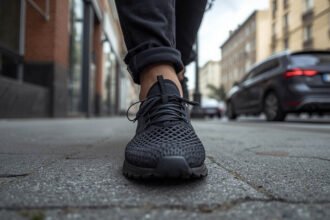 Person walking on a city sidewalk wearing 3D printed lattice shoes during daily use