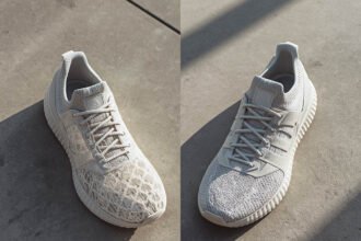 Fully 3D printed shoe vs hybrid sneaker with lattice midsole shown side by side in a real-life setting