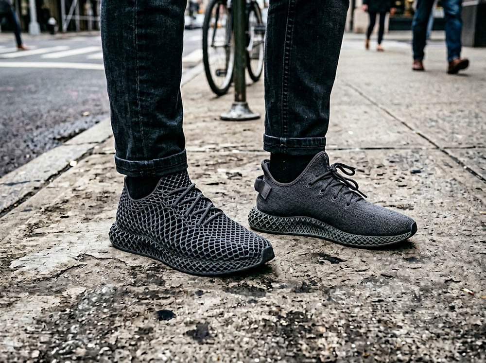 Person wearing fully 3D printed shoe on one foot and hybrid shoe on the other in a real-world outdoor setting