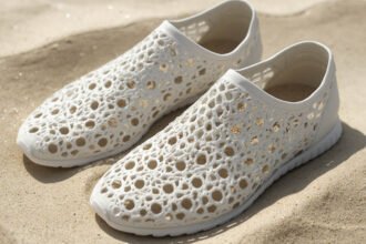 3D printed lattice shoes with sand trapped inside the open holes on a beach surface