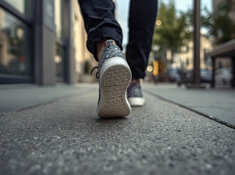 person walking in 3D printed shoes with lattice sole showing real-world weight and ground contact