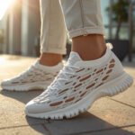 Breathable 3D printed lattice shoes worn on a sunny sidewalk in hot weather