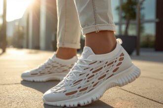 Breathable 3D printed lattice shoes worn on a sunny sidewalk in hot weather