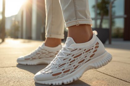 Breathable 3D printed lattice shoes worn on a sunny sidewalk in hot weather