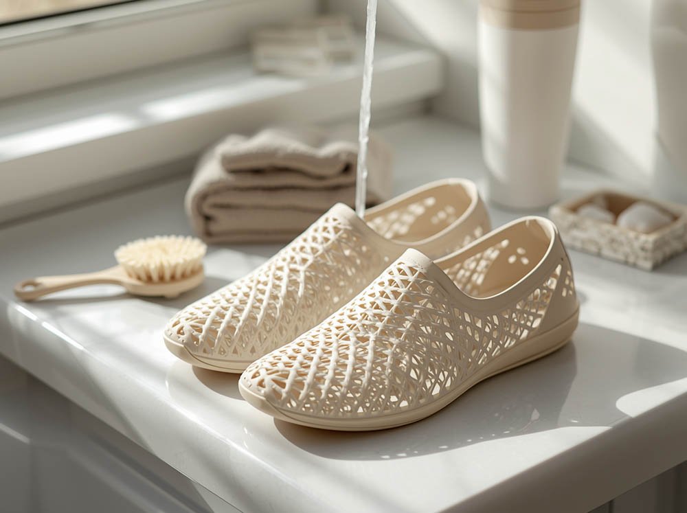 3D printed lattice shoes drying after cleaning to prevent odor buildup