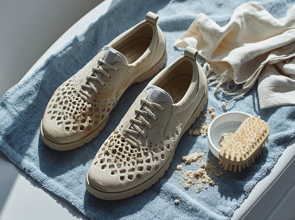 Dirty 3D printed lattice shoes being prepared for cleaning with a brush, towel, and mild soap