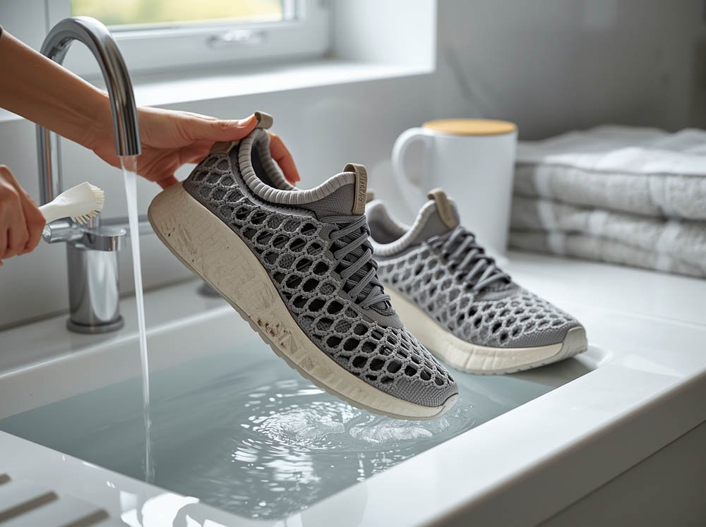 3D printed lattice shoes being cleaned by hand with a soft brush and water