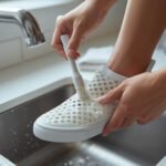 Person cleaning a 3D printed lattice shoe with a soft brush and mild soap at a sink