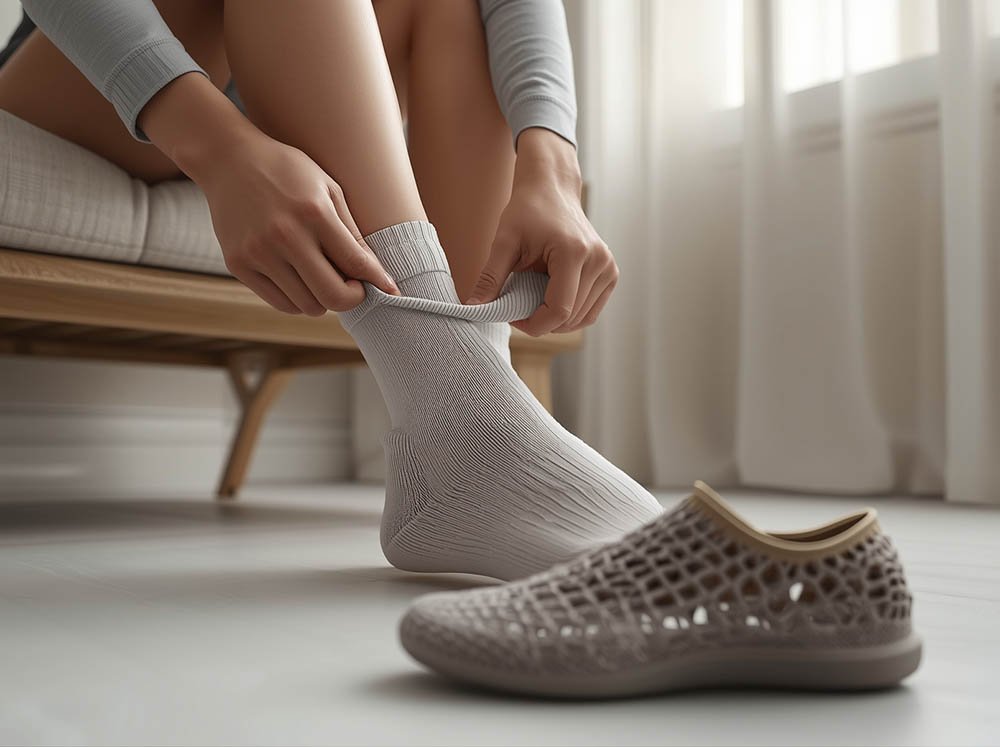 wearing socks with 3D printed shoes to prevent blisters and friction
