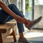 Person checking heel irritation after wearing a 3D printed lattice shoe in a real-life setting