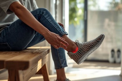 Person checking heel irritation after wearing a 3D printed lattice shoe in a real-life setting