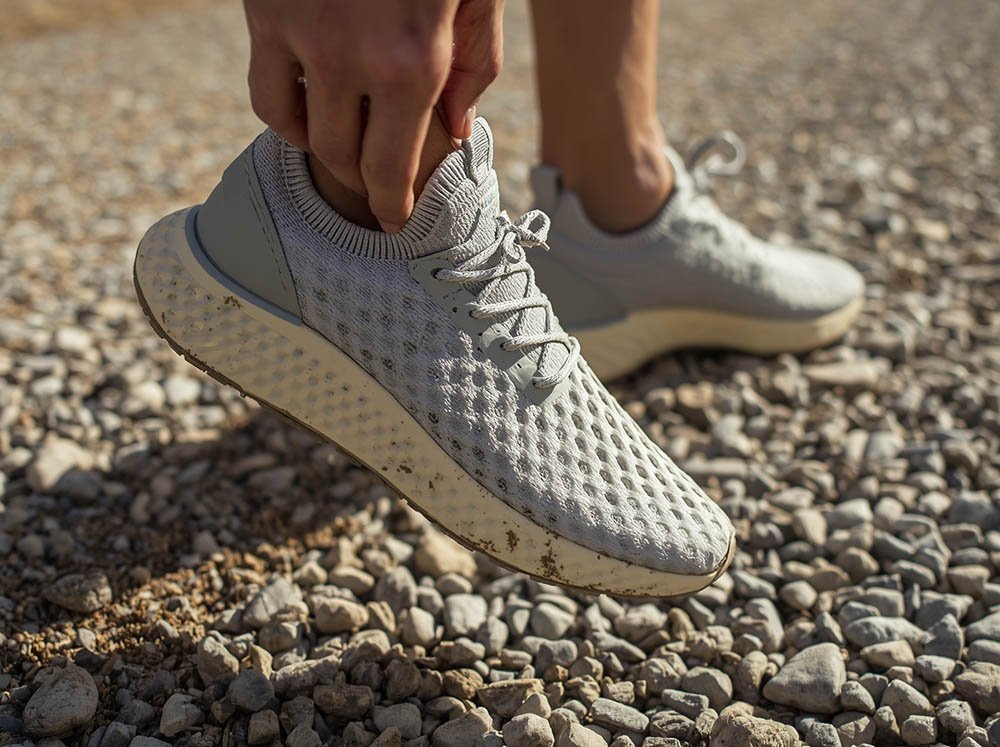 Person holding a 3D printed lattice shoe with pebbles and dirt stuck in the open structure