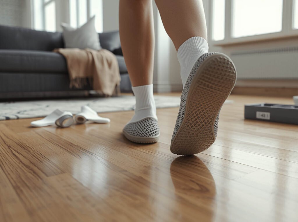 Person testing 3D printed lattice shoes indoors with socks to prevent blisters