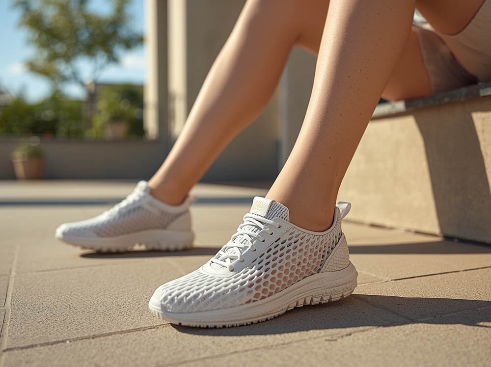 Summer 3D printed shoes with open TPU lattice design worn outdoors