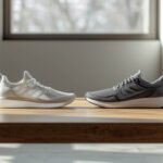 3D printed shoe with lattice midsole next to a lightweight foam sneaker showing weight and structure difference