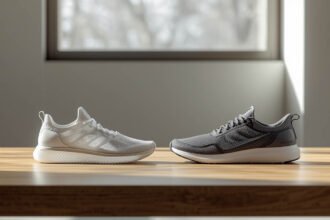 3D printed shoe with lattice midsole next to a lightweight foam sneaker showing weight and structure difference