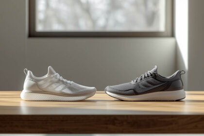 3D printed shoe with lattice midsole next to a lightweight foam sneaker showing weight and structure difference