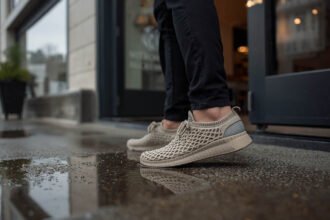 Person wearing 3D printed lattice shoes near a puddle after rain