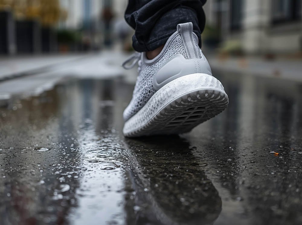 3D printed shoes on wet pavement showing rain performance and outsole grip