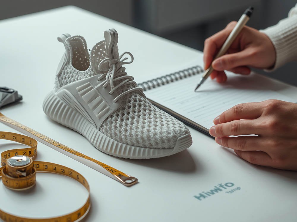 3D printed shoes with lattice structure beside a measuring tape for sizing and fit comparison.