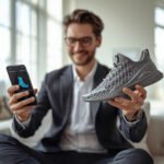 Buyer checking a foot scan result on a phone while examining 3D printed shoes in a real-life setting.