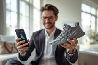 Buyer checking a foot scan result on a phone while examining 3D printed shoes in a real-life setting.