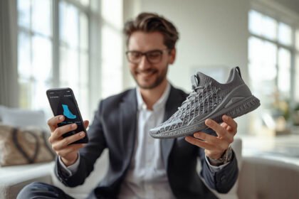 Buyer checking a foot scan result on a phone while examining 3D printed shoes in a real-life setting.