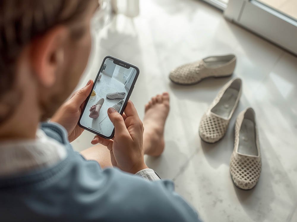 Person using a smartphone to scan their foot at home before ordering 3D printed shoes online.