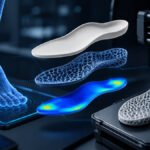 3D visualization of an AI-designed custom foot orthosis showing a digital foot scan, lattice insole structure, biomechanical pressure map, and 3D printing process.