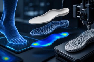 3D visualization of an AI-designed custom foot orthosis showing a digital foot scan, lattice insole structure, biomechanical pressure map, and 3D printing process.