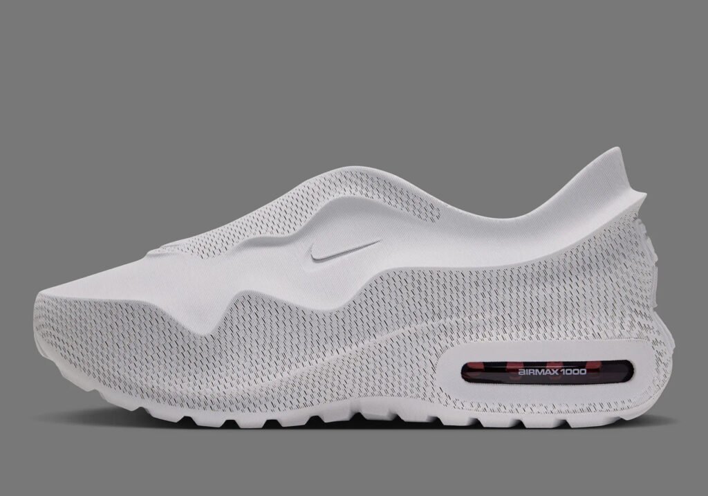 Nike Air Max 1000.3 Pure Platinum side profile with Burgundy Crush Air unit