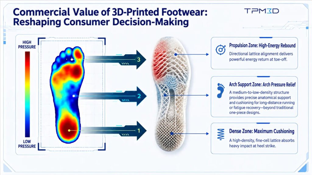 TPM3D diagram showing zoned lattice structures in a 3D printed shoe sole